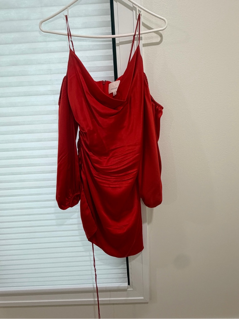 Cinq a Sept Red Satin Cold-Shoulder Dress with Draped Front